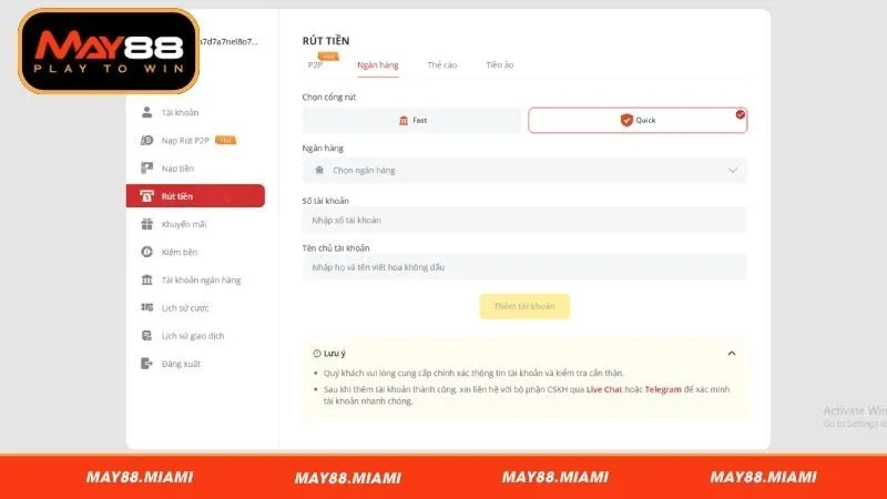 Rút tiền May88 qua ngân hàng